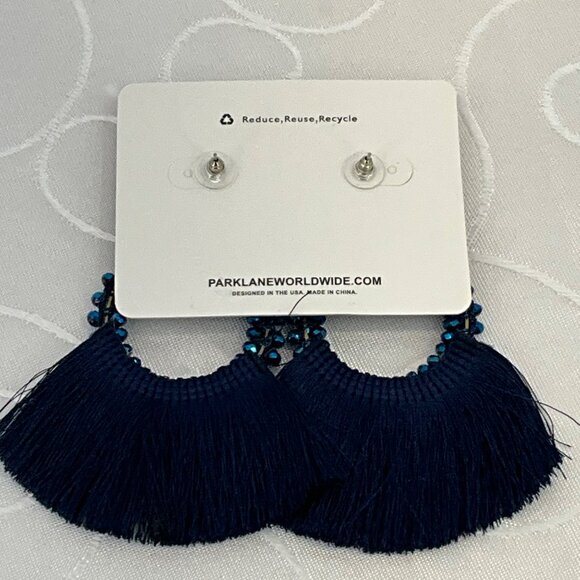 Park Lane Navy Blue Beaded Hoop Earrings With Fringe Tassels - Picture 3 of 3